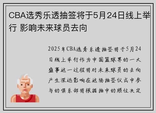 CBA选秀乐透抽签将于5月24日线上举行 影响未来球员去向